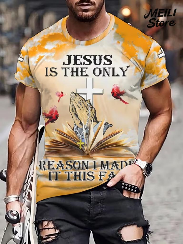 T-shirt da uomo con stampa 3D di Gesù a maniche corte, casual, girocollo, design con mani in preghiera, maglietta da uomo, nuova, top oversize