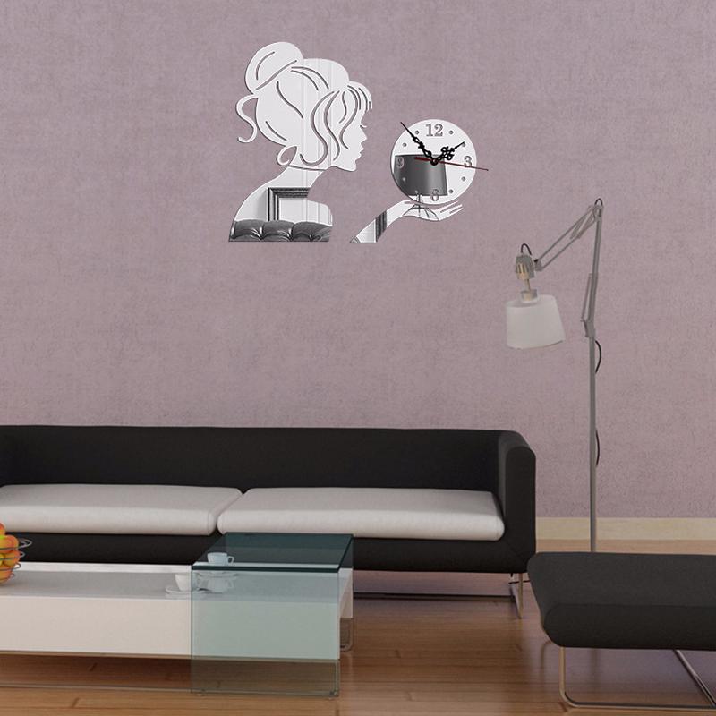 Красота Девушка 3D Акриловые Зеркальные Настенные Часы Современный Дизайн Декоративные Зеркальные Настенные Часы серебряный