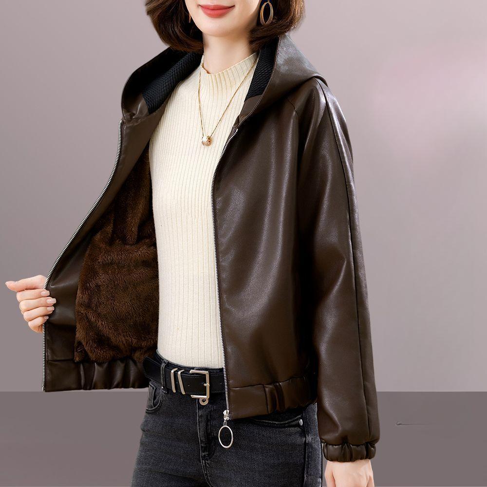 

Женская флисовая куртка Осень Зима Свободная Короткая Теплая Флисовая Куртка из ПУ Кожи Куртка с Капюшоном 4XL кофейный