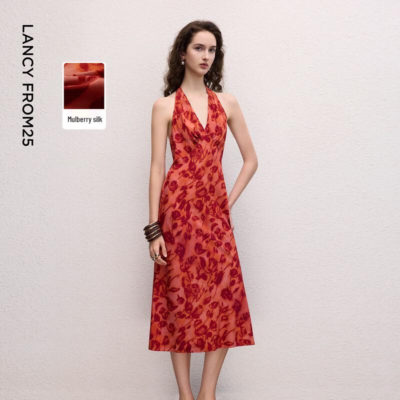 LANGZI 25 Mulberry Silk Polka Dot Halter V-Neck Sleeveless Maxi Dress