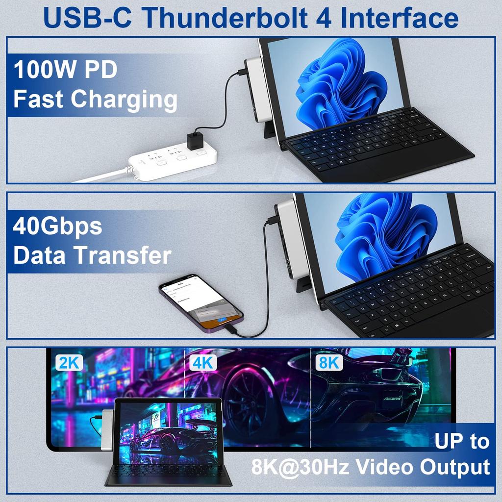 Surface Pro USB Hub 4K Thunderbolt 4 PD SD TF Card Audio Port Surface Pro9 Dock Triple Display Pro Surface Pro Conversion Adapter 9/10/11/X HDMI,
