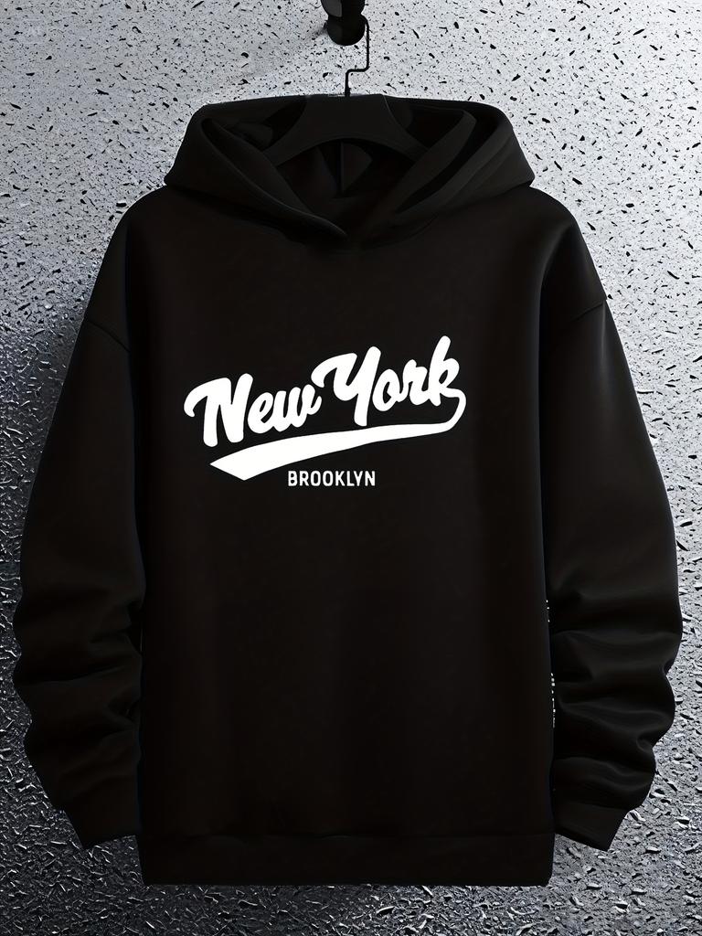 "New York Brooklyn" Graphic Hoodie - Casual Black Pullover with White Cursive Lettering