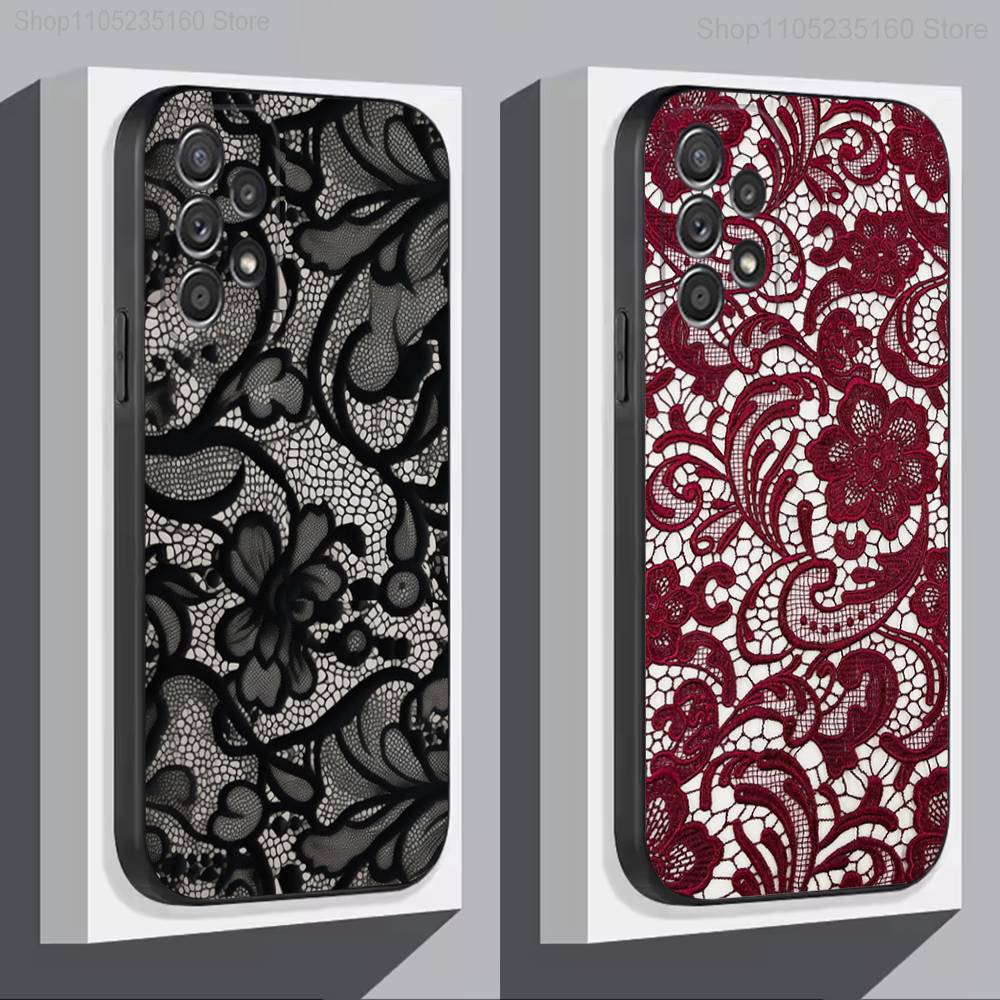 Lace Print P-Pattern Phone Case For Samsung S 9,10,21,30,22,23,24,25,Ultra,Plus,Lite,FE,4,5G Black Soft Case