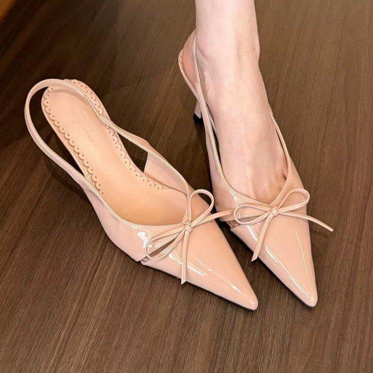 

Туфли-лодочки с острым носком, босоножки на высоком каблуке, весенние новые банты, одинарные туфли на одной педали и тонкий каблук для женщин. 39 розовый