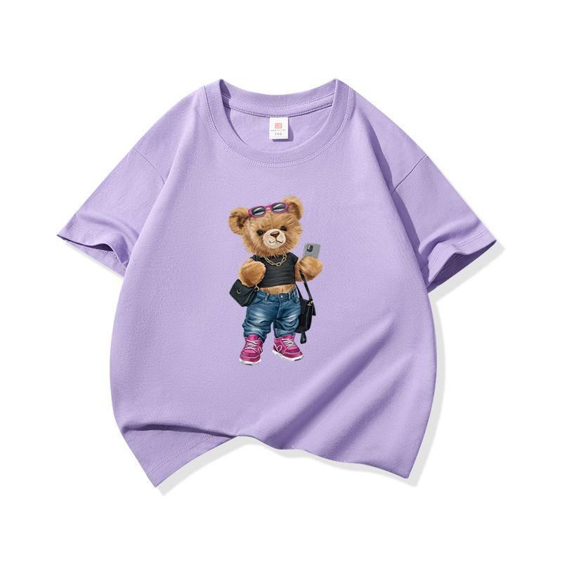 Trendy Girl Bear With Sunglasses Graphic Tee Kids 100 Cotton Crew Neck Casual T Shirt Short Sleeve Muticolor Top For Girls Boys