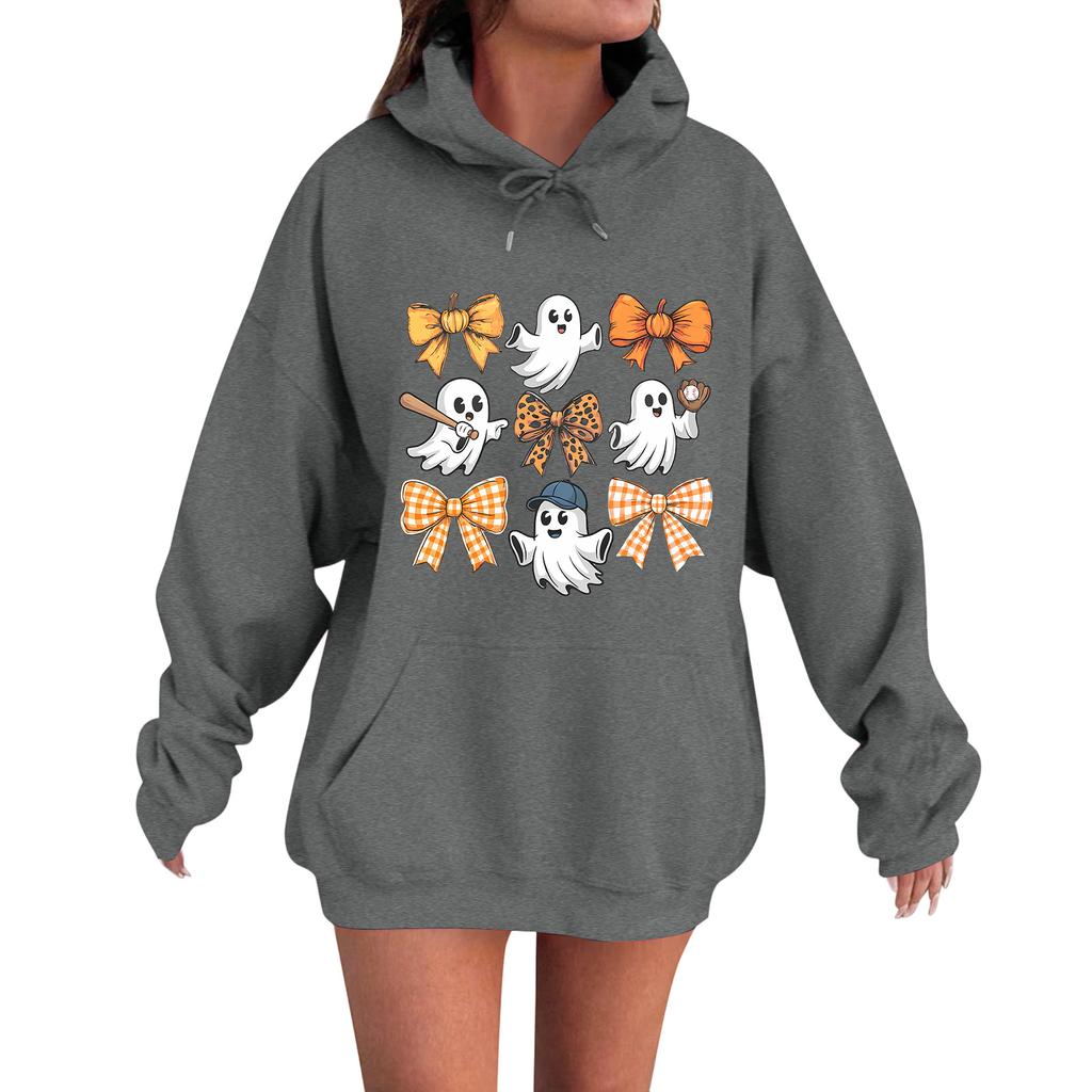 Women's Casual Fashion Comfortable Round Neck With Hood Long Sleeve Halloween Print Warm Sweatshirt