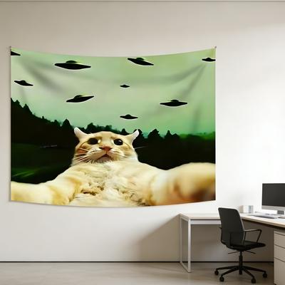 UFO Cat Theme Party Tapestry for Living Room Bedroom Office Bar Wall Decor MultiSize High Quality Flat Print Design