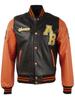 Men's Real Leather Baseball Bomber Jacket (VZH7) - Black & Orange