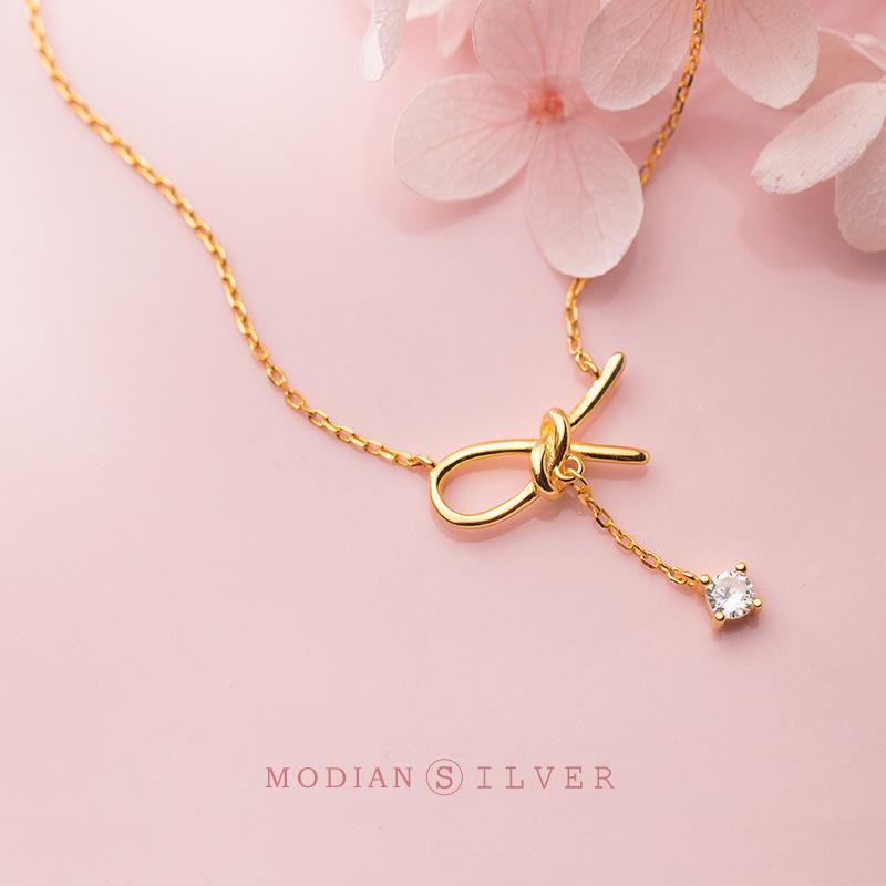 

Modian Original Bowknot Swing Sparkling Pendant Classic 925 Silver Gold Color Necklace For Women S925 Jewelry