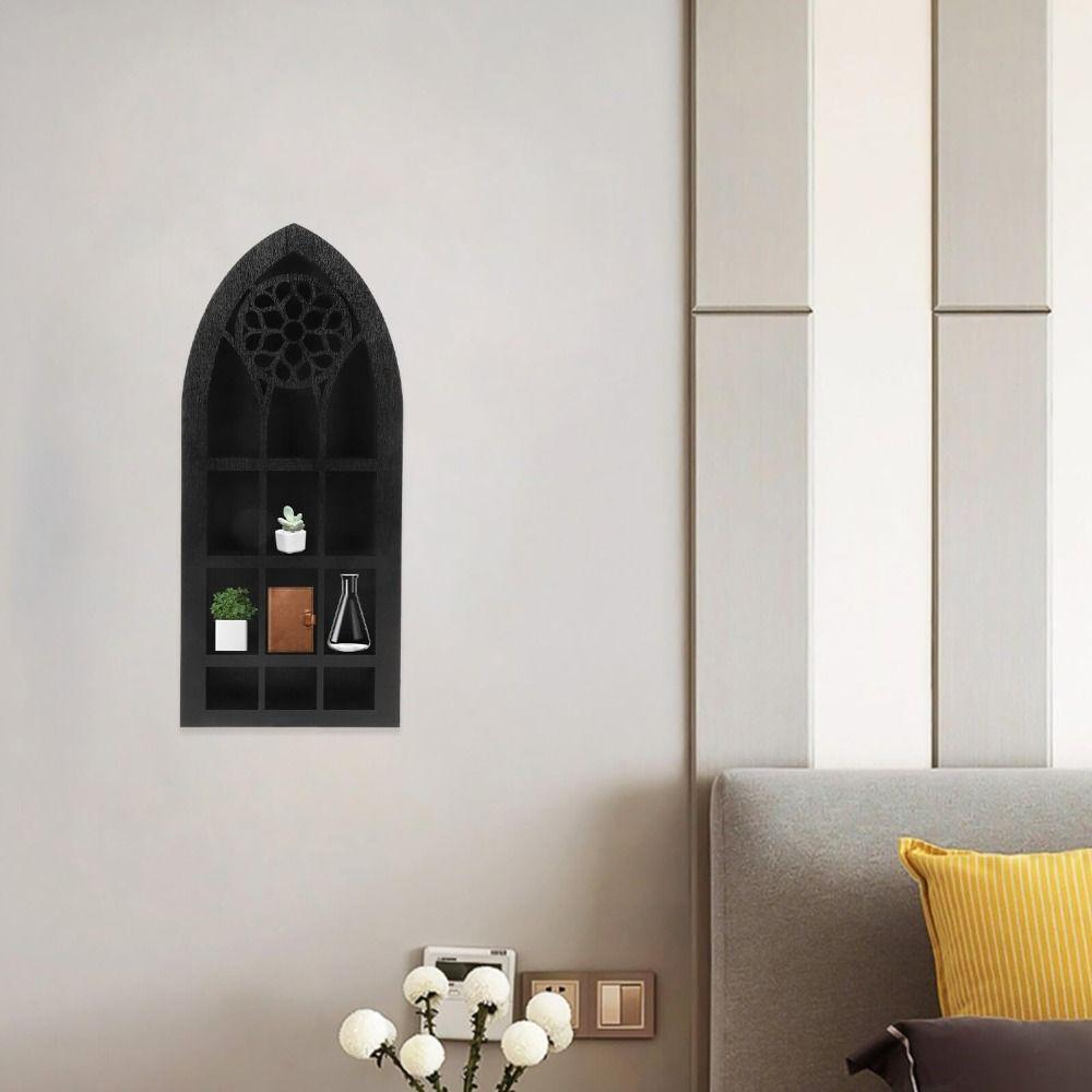 Bohemian Style Old Church Window Shelf Black Finish Crystal Wall Shelf Display Shelf  Living Room