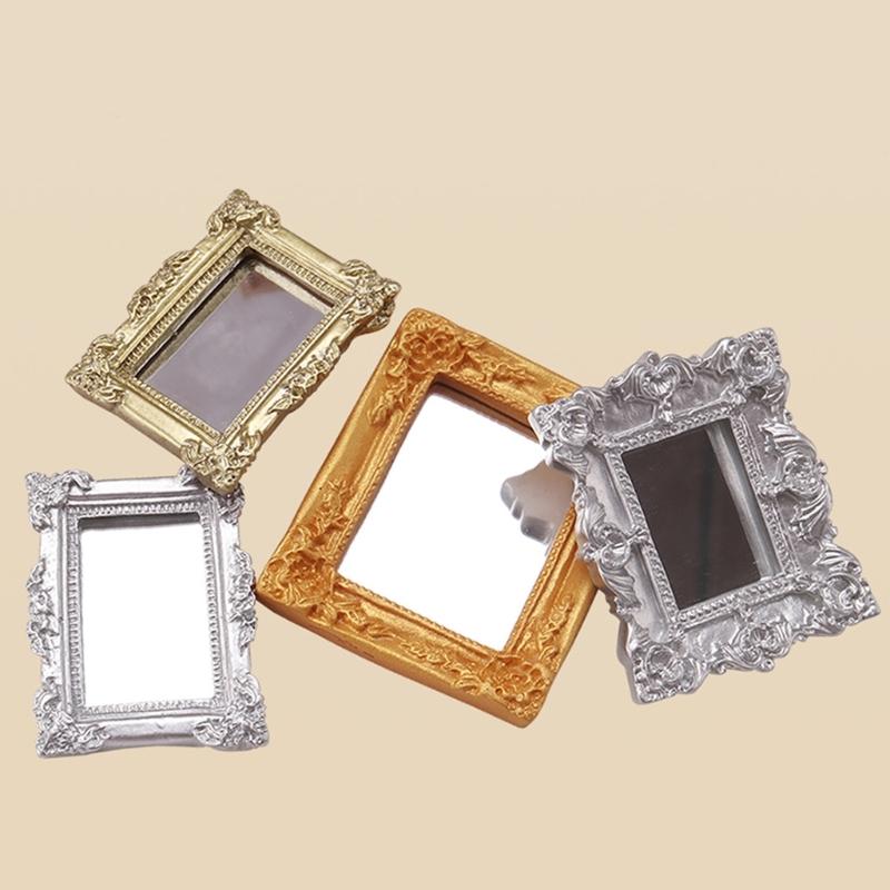 Antique Doll House Mirror Model Figure PVC Miniature Furniture For Children Pretend Play Classical Home Scene Decors