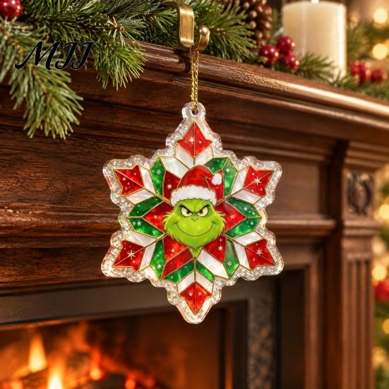 Gift Box Snowflake Ornaments Green Elf Christmas Ornament, 2D Acrylic Red Bell Tree Candy Cane Durable Holiday Gifts Shaped Double Sided Hanging