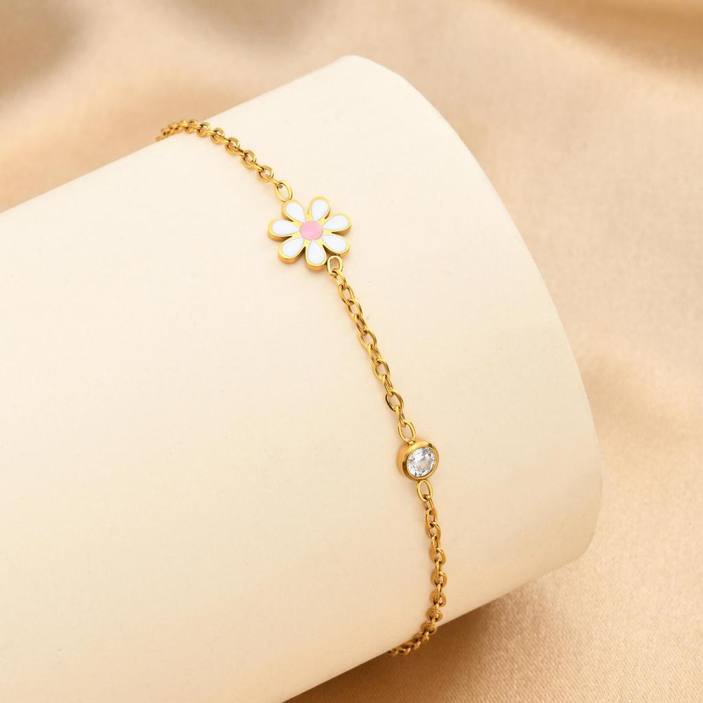 Minimalist Enamel Daisy Flower Bracelet, 18K Gold Plated Stainless Steel, Waterproof Dainty CZ Charm Jewelry Gift
