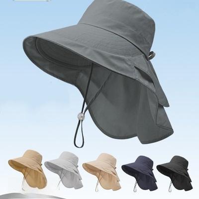 Solid Color Wide Brim Sun Hat with Neck Cover Korean Style Sun Protection Hat Neck Protection Adjustable Women Bucket Hat Ladies