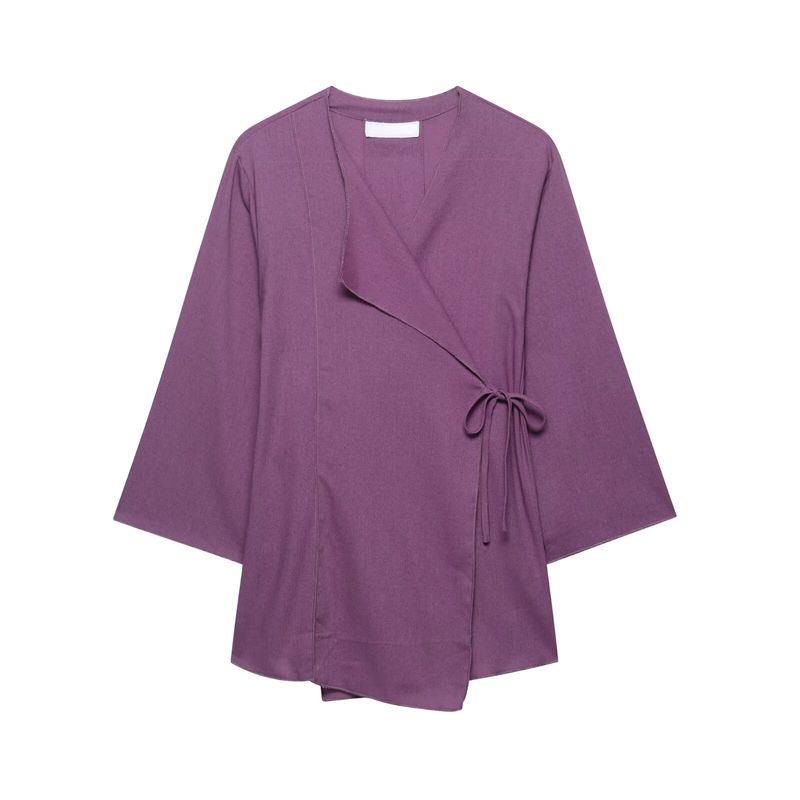 Linen Blend Kimono Cross Outwear 6078572 Retro Brown Elegant Wide Leg Pants 5057572