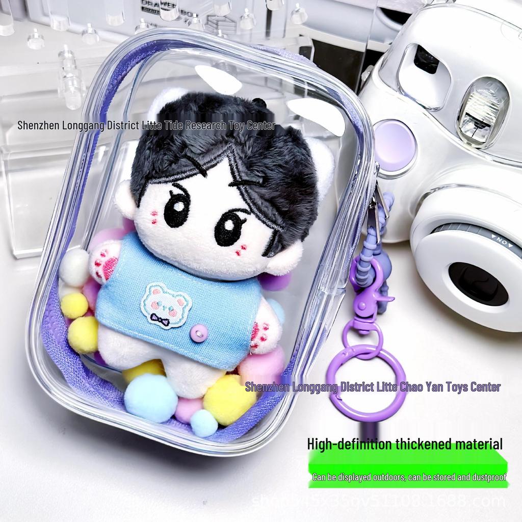 Compact 10cm Cotton Doll Carrier: Double Zipper, High Transparency PVC, Thickened Plush Storage Bag.