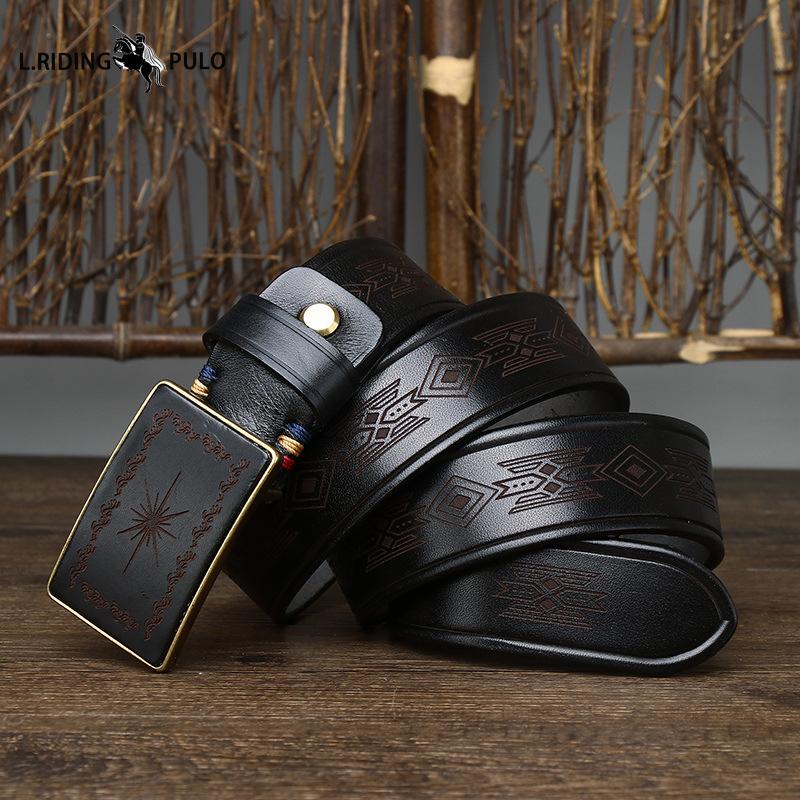 Retro Carved Pattern Trendy Handmade Smooth Buckle Belt Men's Buckle Genuine Leather Pure Cowhide Denim Belt