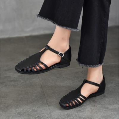 Vielseitige, gewebte, ausgehöhlte, atmungsaktive flache Sandalen aus echtem Leder mit weicher Sohle für Damen