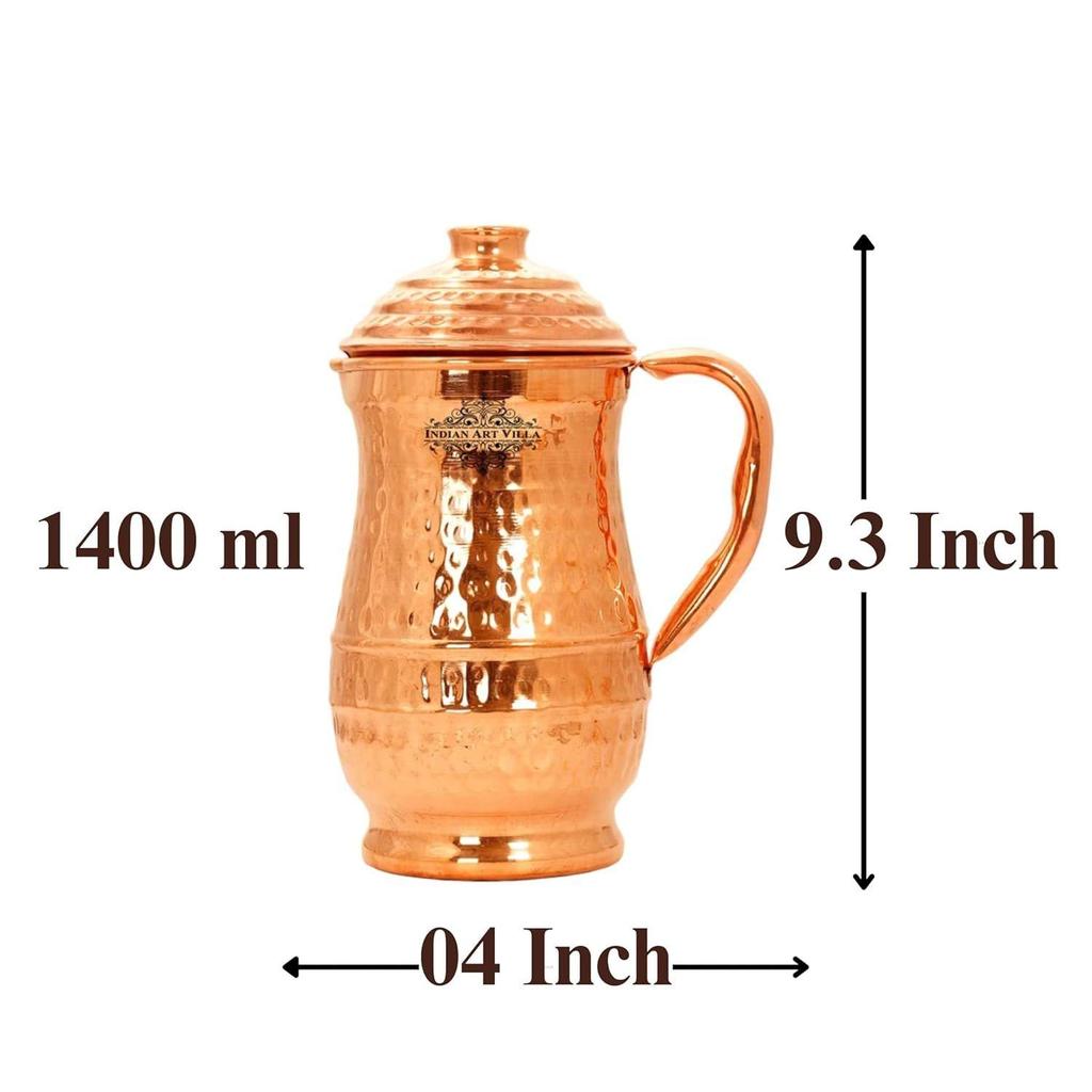 Pure Copper Hammered Jug Pitcher - Ayurvedic Water Storage and Serving, 1.4 Litres Capacity