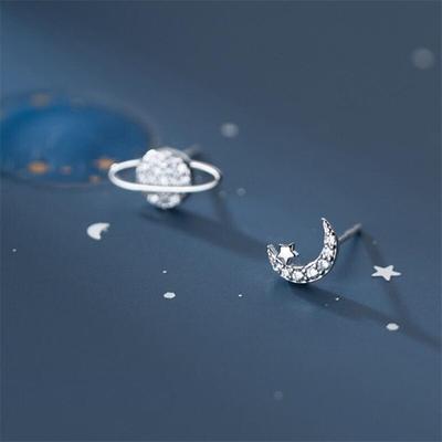 925 Sterling Silver Crystal Moon Planet Asymmetry Stud Earrings For Women Party Fashion New Jewelry Eh688