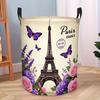 1pc Paris Floral Butterfly Laundry Basket with Eiffel Tower Design - Foldable Round Hamper with Sturdy Handle, Compact Clothes Organizer Bin for Bathr