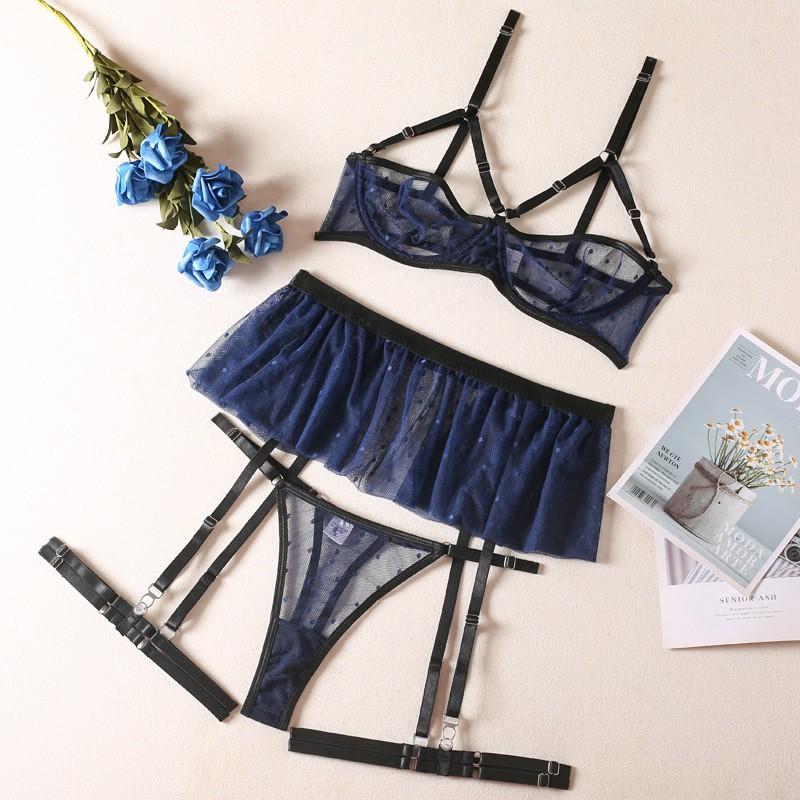 Lace Sheer Polka Dot Bra Set Women 3/4 Cup Unlined Sexy Lingerie In Deep Blue S To XL