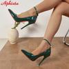 Aphixta Dunkelgrüne 12cm Stilettoabsätze Luxus Kristalle Gürtelschnalle Super High Party Pumps Damenschuhe Spitze Zehenpartie Große Größen 35-50