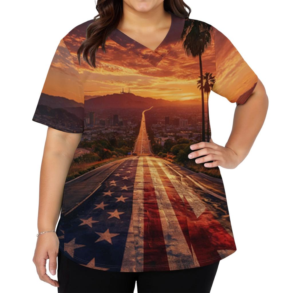 Women's Fashionable Casual Independence Day American Flag And Stars Print V-neck Short-Sleeved Work Shirt With Double Side Slits And Pockets