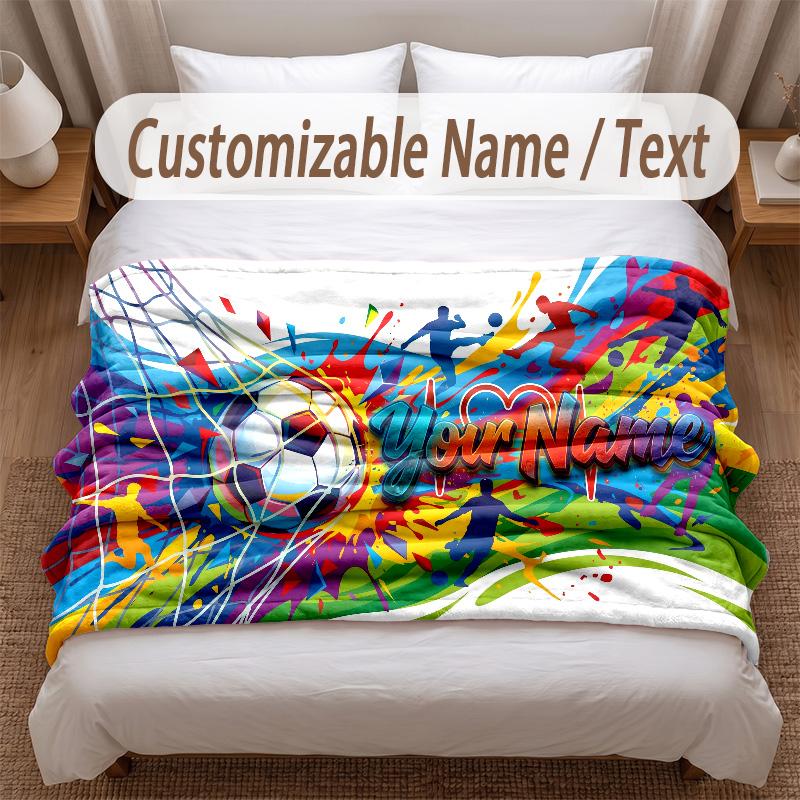 Soccer Theme Soft Blanket Personalized Custom Name Text Print Warm Blanket Home Sofa Bedroom Decor