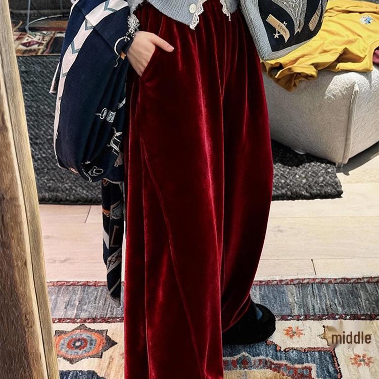 

Plus Size European Style Wine Red Velvet High Waist Wide Leg Pants 3XL (190-240 jin) вино красного
