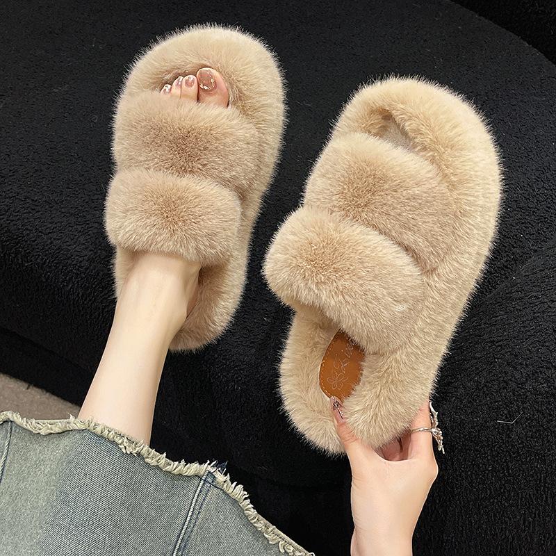 2025 spring and autumn new small muffin thick bottom heightening plush fluffy cotton slippers women wear home fluffy shoes