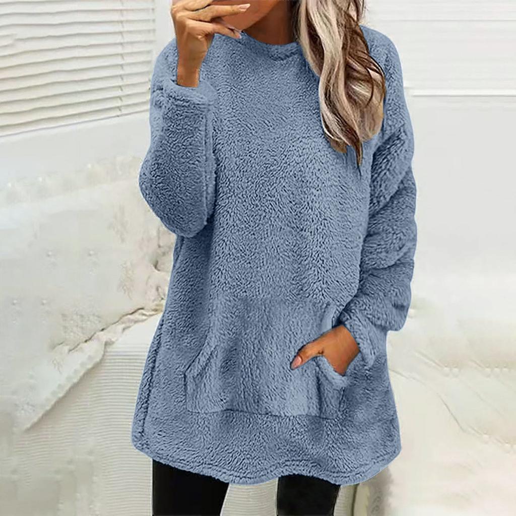Women's Fashion Casual Long Sleeve Pocket Double Sided Velvet Color Round Neck Sweatshirt Top