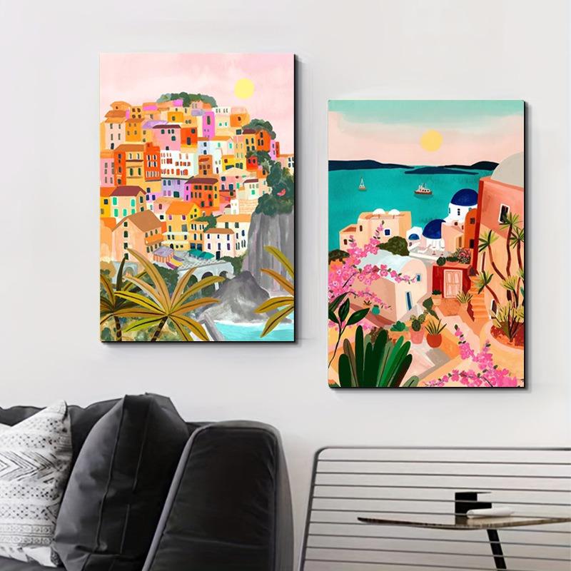 Colorful Travel Mountain City Canvas Painting Abstract Landscape Posters and Prints Wall Art Pictures for Home Living Room Decor