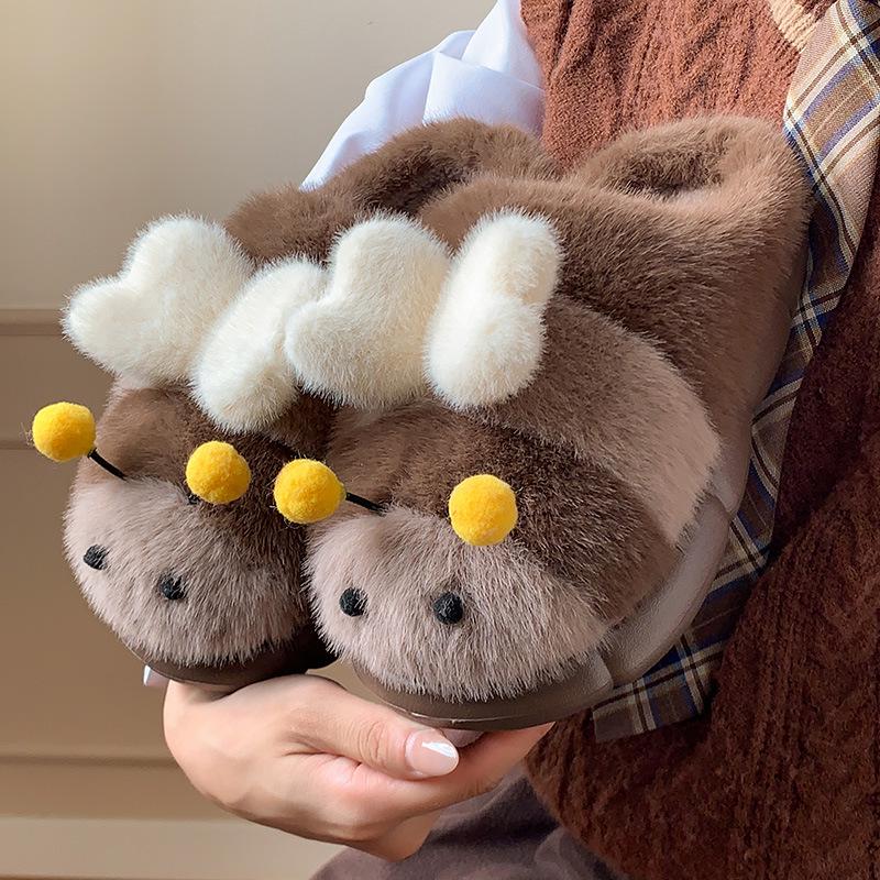 

Women s Plush Bee Cotton Slippers - Non-slip, Warm Indoor/Outdoor Shoes Size 36-37 коричневый
