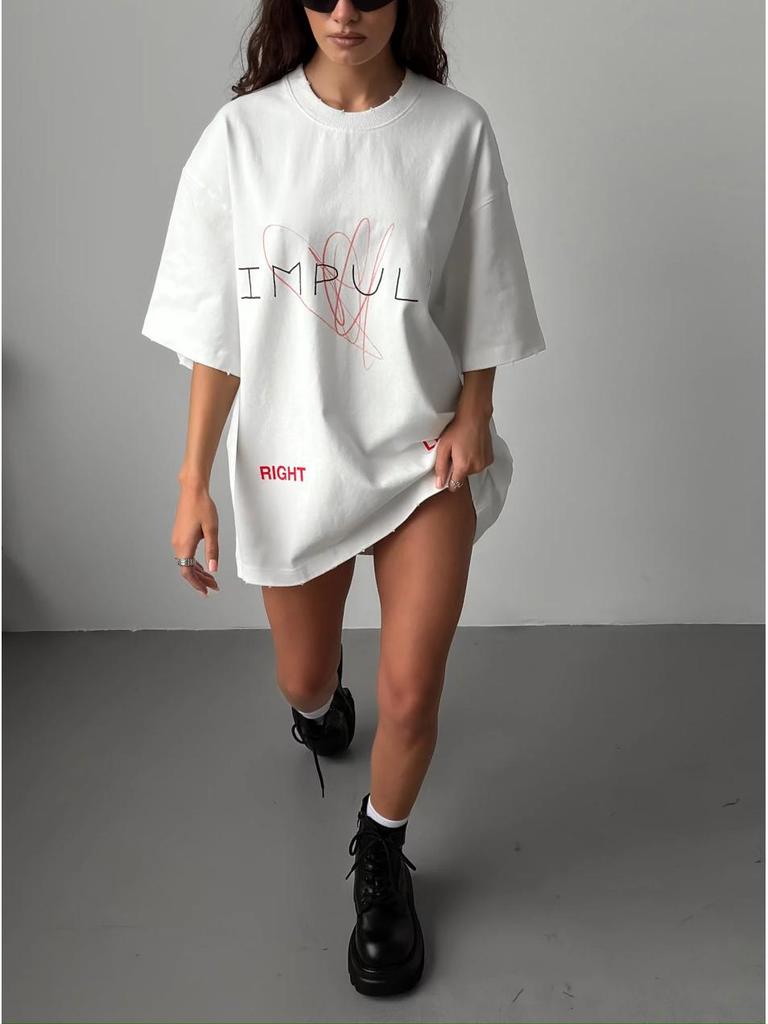 Women's American Letter Print Crew Neck Short Sleeve T-Shirt - Trendy, Loose, Casual, Versatile Top.