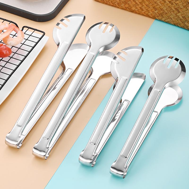 Thickened Stainless Steel Kitchen & BBQ Food Tongs for Bread, Steak & Steamed Buns