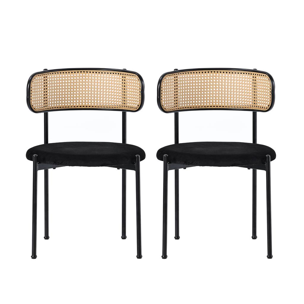 Velvet Dining Chair, Set of 2, Modern, Simple Leisure Chair with Four Metal Support Legs, Rattan Leisure Chair, Living Room and Bedroom Chair, Black
