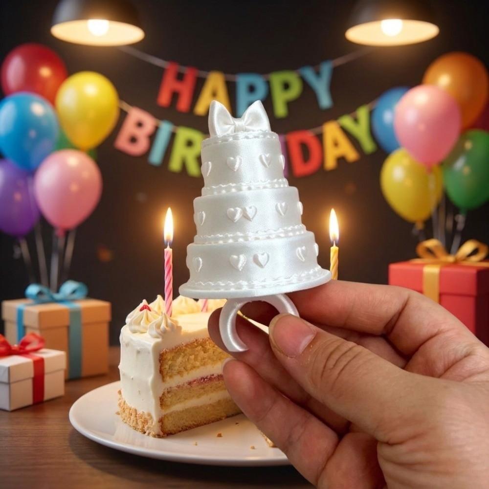 Elegant Birthday Cake Ring Bow Knot 3D Printing Ring Romantic Mini Candle Ring Party