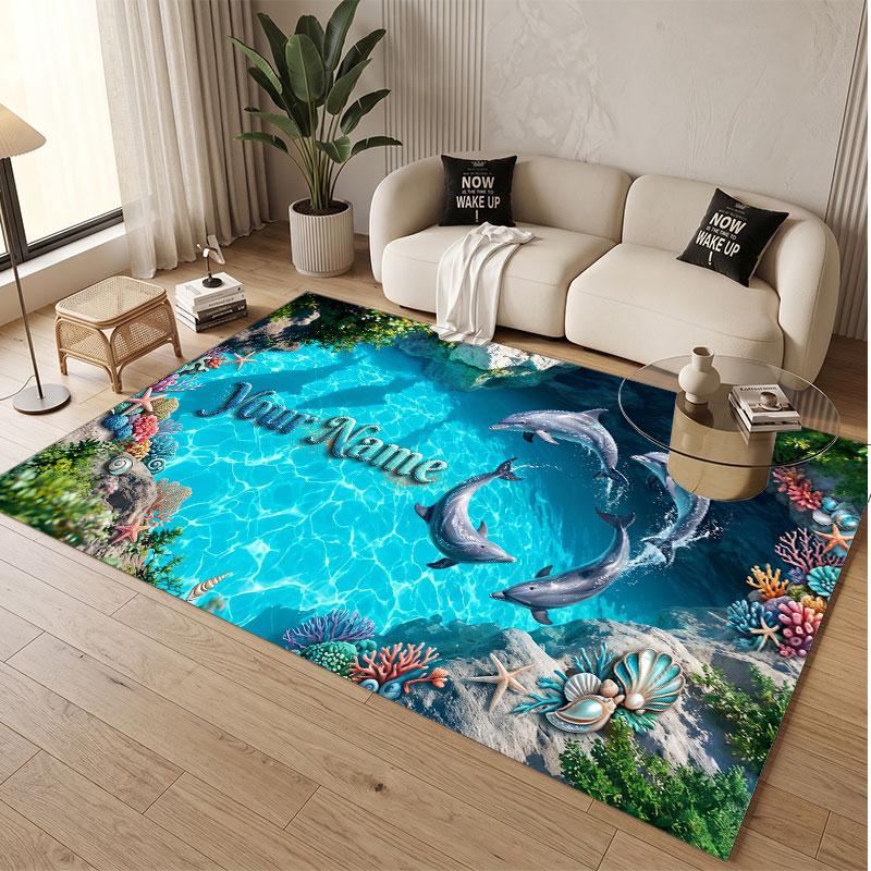 Fish Ocean Theme Soft Crystal Velvet Rug Custom Name & Text Print Non Slip Floor Rug for Bedroom Living Room