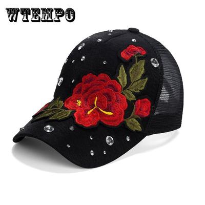 Baseballkappe Damen Stickerei Pfingstrose Netzmütze mit Diamanten Sommer Damen Vielseitige Freizeitkappe Sonnenschutzkappe