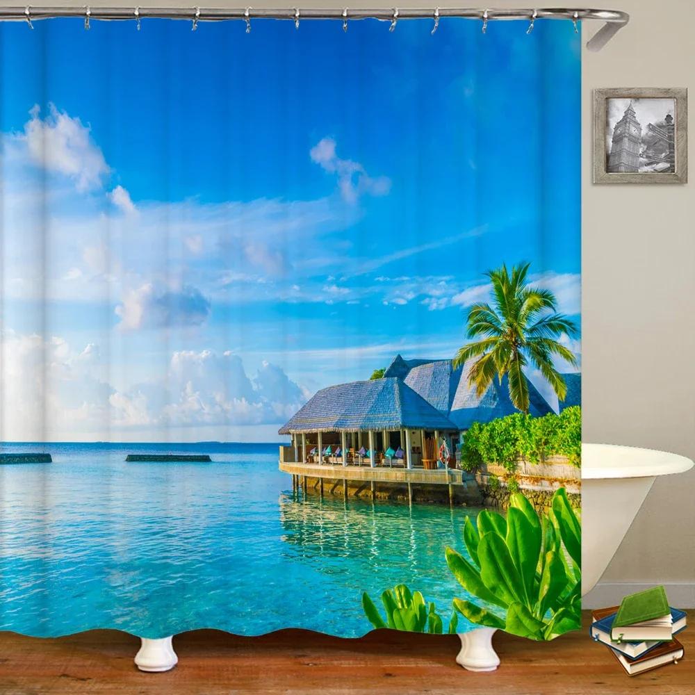 

Waterproof Shower Curtain Various Sunshine Beach Scenery Seaside 3D Printing Shower Curtain Polyester Home Decor Curtain 180X180 W60H190(CM)-1 Pcs