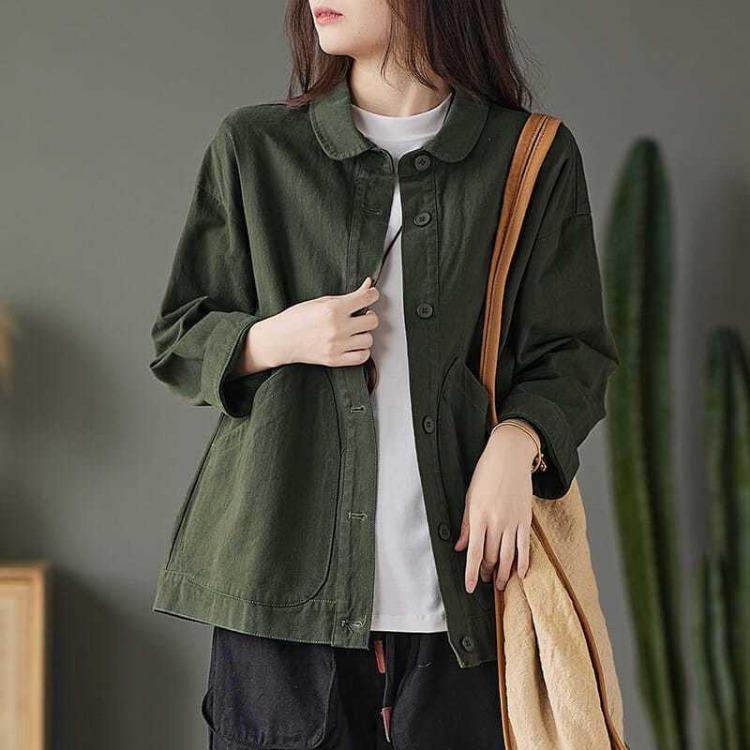 Women's Retro Art Loose Cotton Shirt Coat Simple Design Solid Pocket Single Breasted Twill Versatile Spring Autumn