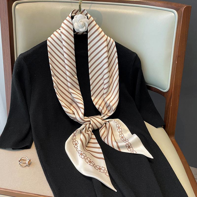 New Striped Printed Imitation Silk Fashion Early Autumn Decorative Small Scarf Winter Warm Scarf Headband Tie Pack
