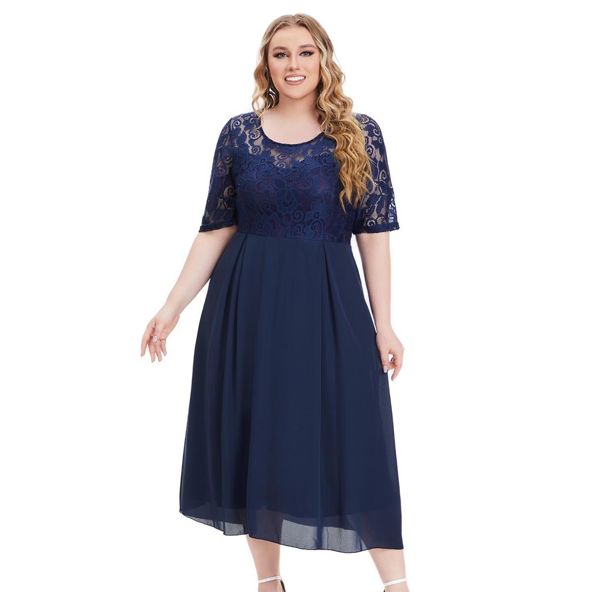 

Элегантное кружевное ажурное платье для женщин больших размеров в европейском и американском стиле 4XL темно-синий