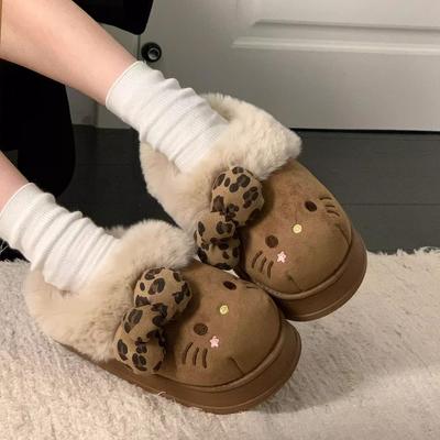 Sanrio Hello Kitty Fluffy Fur Sandals / Winter Warm Plush Slippers / Thick Sole Platform Slides / Brown / 240mm