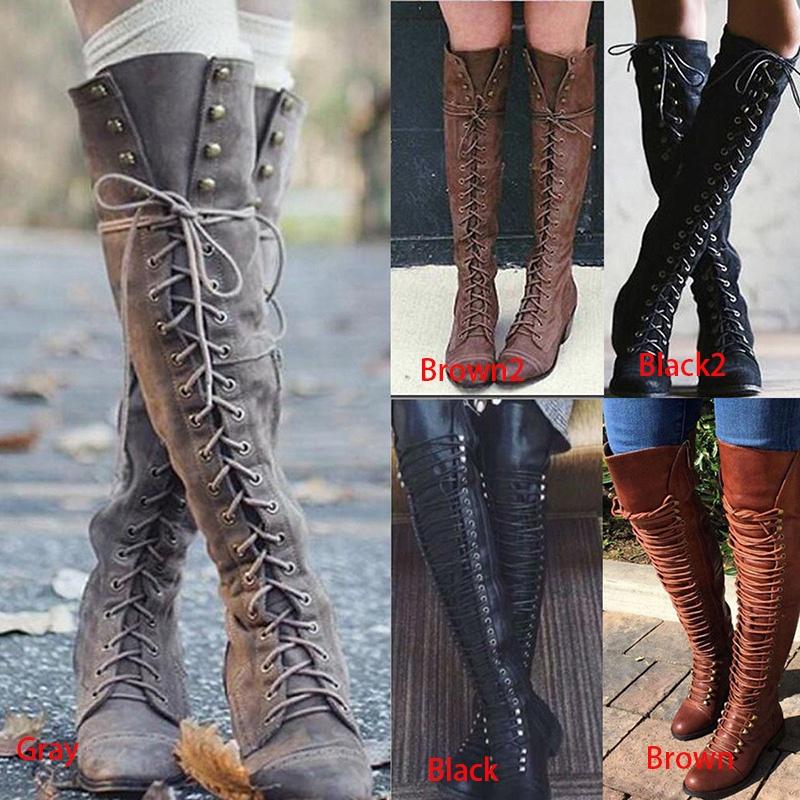 Elegant Womens Over The Knee Lace Up Bandage Thigh High Combat Low Heel Boots Flat Shoes For All-day Comfort