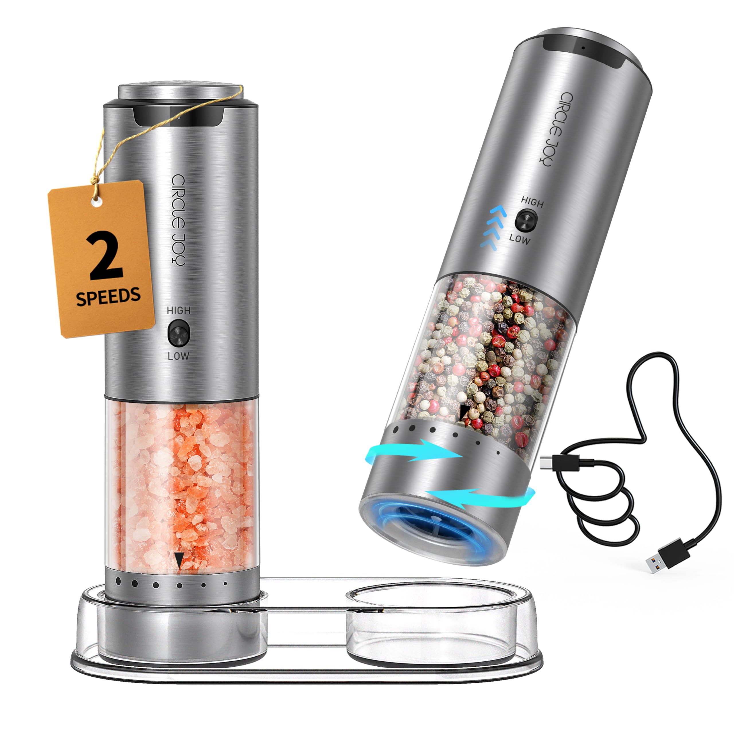 CIRCLE JOY Rechargeable Electric Pepper Mill, Stainless Steel, Variable Grinding Speed, External Thickness Adjustment, 95ml Container, Storage Base, W