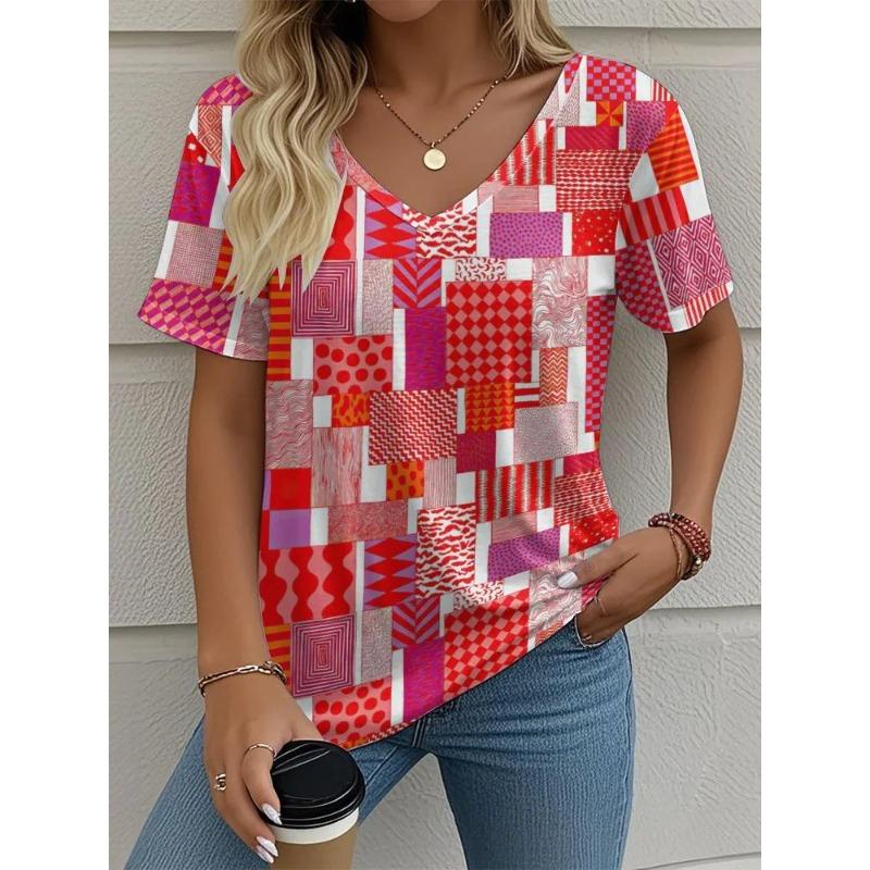 Patchwork Denim Vintage T-Shirt for Patchwork Grid Graphic T Shirts Women 3D Printing Tee Clothing Tops