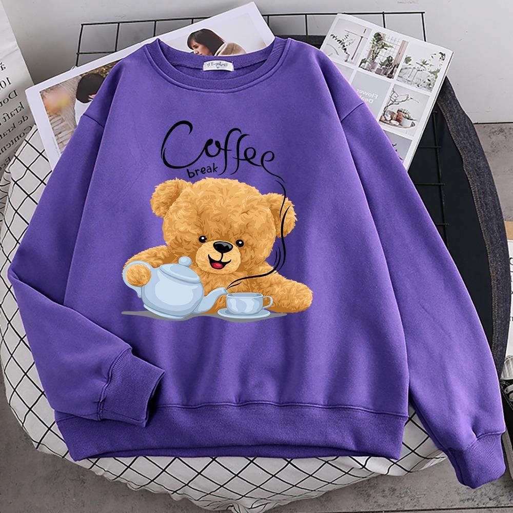 Street Casual Womens Sweatshirt Coffee Break Teddy Bear Making Coffee Print Hoodies Loose Soft Pullovers Crewneck Clothes