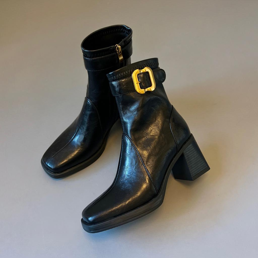 Soft-faced versatile square head high-heeled short boots women's retro thick heel thick-soled thin velvet Martin boots silent-soled thin boots